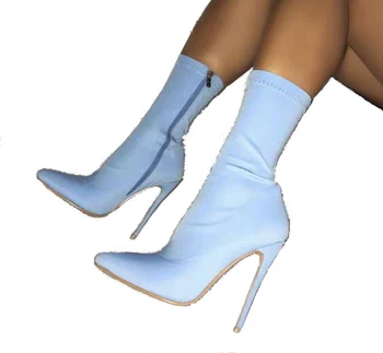 Csb27 New Fashion Light Blue Lycra Stiletto Pointed Toe Ankle Boots For ...