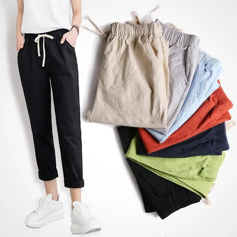 

Brand Chic Loose Cotton Linen Women Soft Harem Breathable Slim Ankle Length Korean Leisure Hallen Pants Black