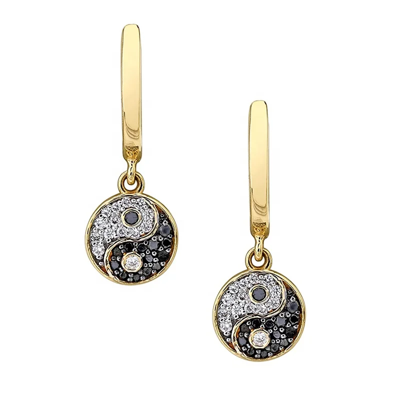 

Milskye Chinese style S925 Yin Yang jewelry gold plated zirconia hoop drop earrings