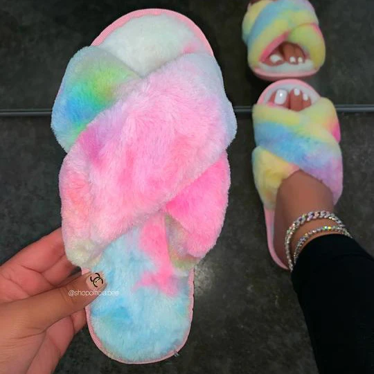 

Ladies Fashion Rainbow colorful Women Flat Shoes Bedroom Indoor Slipper Home Fur Plush Slippers, Beige, pink, light color, dark color