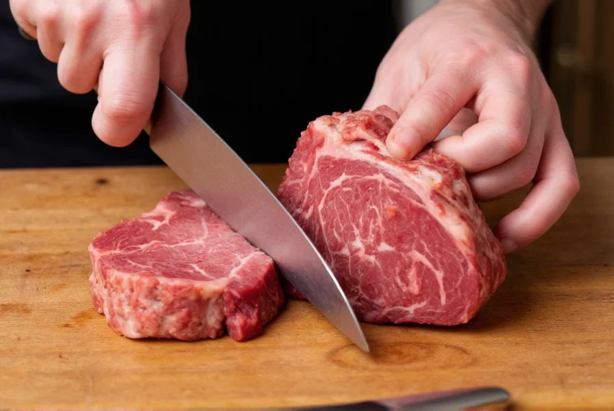 Chef slicing flank steak against the grain for pepper beef preparation