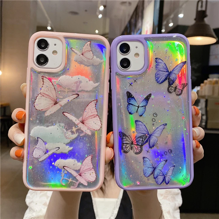 

Hot Selling Cute Cartoon Girl Luxury Glitter Butterfly Candy Color Pink Purple Glitter Hard Phone Case For iPhone 12 11 pro max, Multiple luxury glitter butterfly phone case for iphone 12