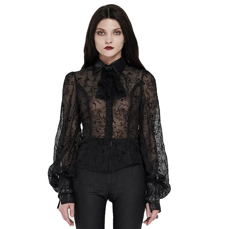 

New fashion women's Steampunk long sleeve blouse WY-1201CCF chiffon flocking top clothes, Black