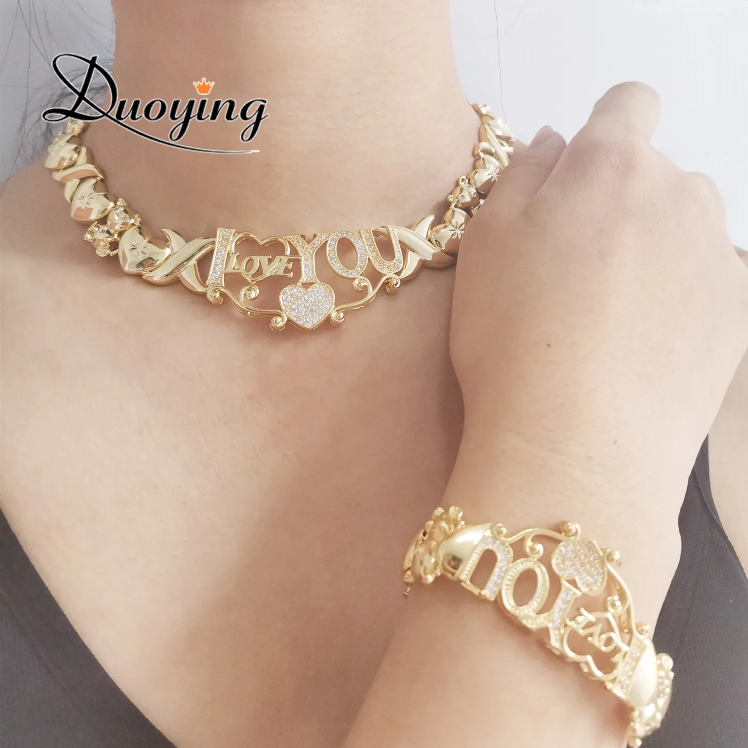 

Bridal Gold Plated Jewelry Wholesale 18K Hug and Kiss I Love You Jewelry Set Xoxo Big Jewelry Sets