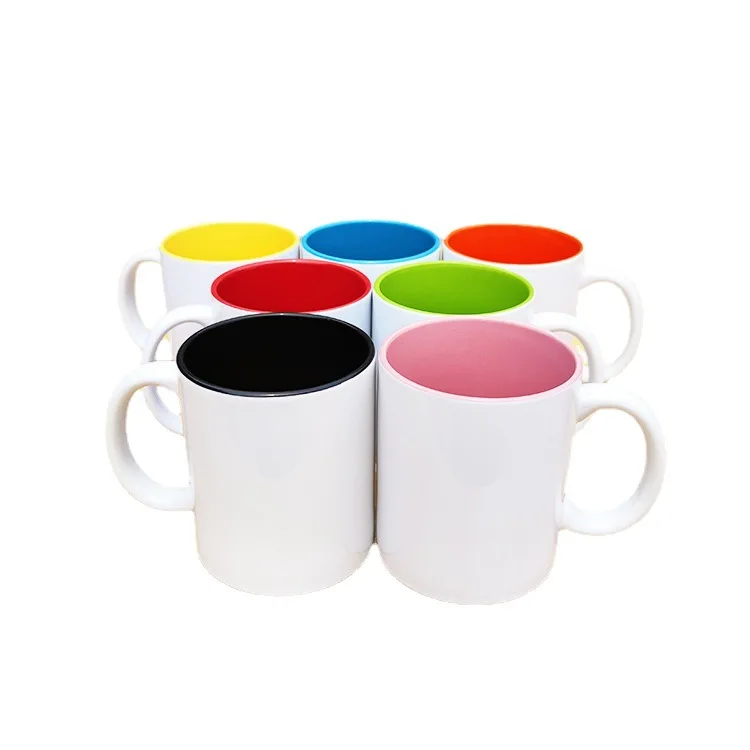 

11 oz Inner colored outer white wholesale sublimation custom cup printing ceramic mug, Yellow, red, green, blue, black, orange, pink