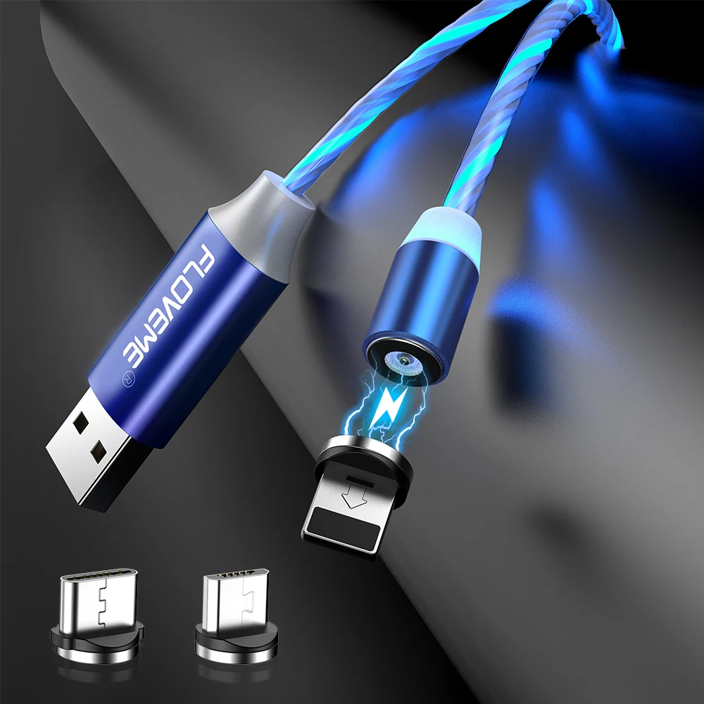 

Free Shipping 1 Sample OK Luminous Magnetic USB Charging Cable FLOVEME LED Flowing Light Mobile Phone Cable Fast Charge Custom