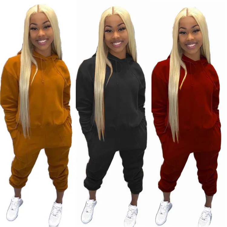 

EB-2021010610 2021 Casual Ladies Jogging Tracksuit Long Sleeve Hooded Solid Color Plus Size Spring Women Two Piece Set, Picture shows