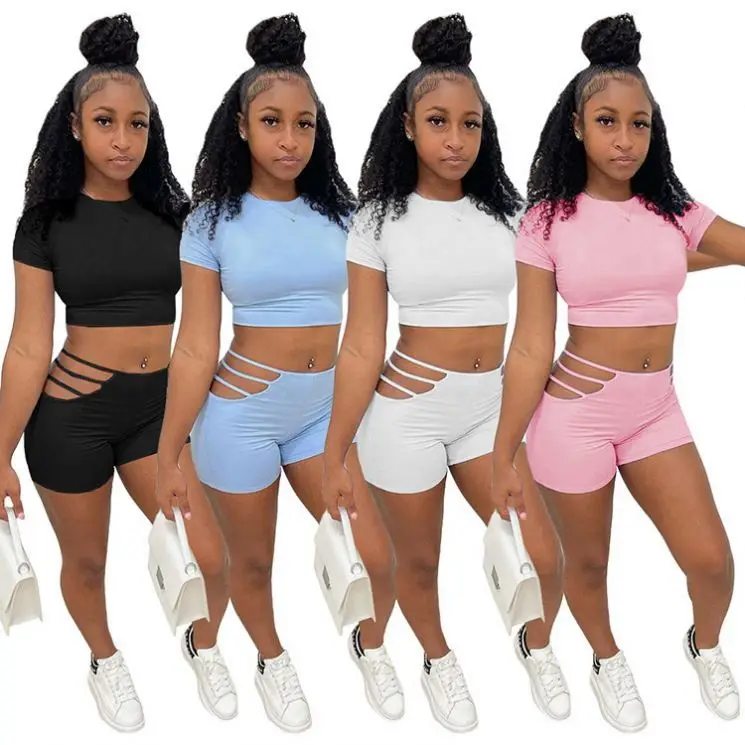 

PEARL New Trendy Solid Color Crop Top T-Shirt Hollow Out Shorts Summer Casual Women Two Piece Short Pants