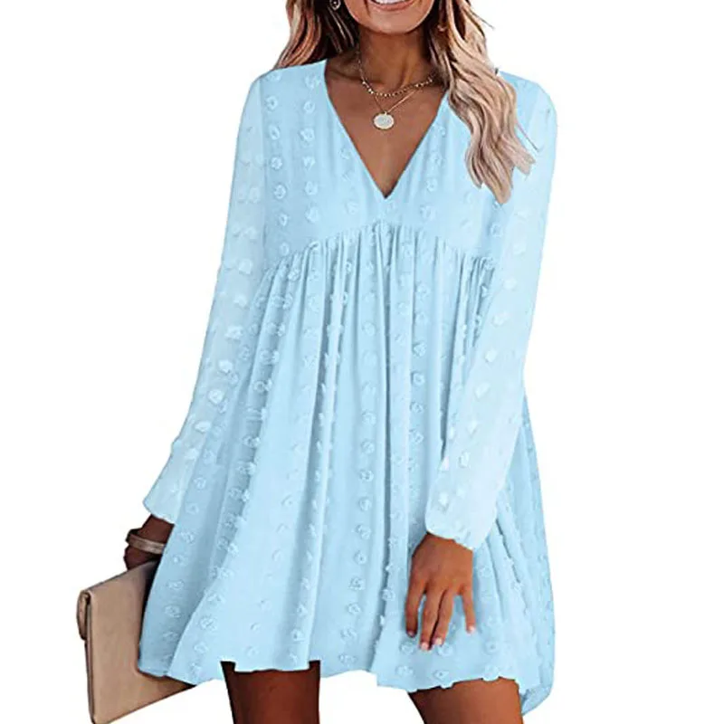 

Women V-neck lantern long sleeve dress Loose jacquard straight dress
