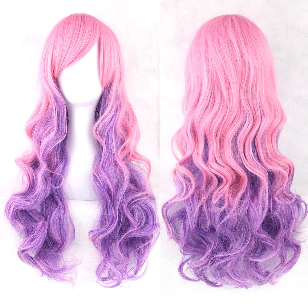 

ecowalson 70cm Long Women Hair Ombre Color High Temperature Fiber Wigs Pink Blue Synthetic Hair Cosplay Wig Peruca Pelucas, As shown