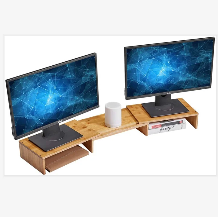 
Bamboo Dual Monitor Stand Riser with Length and Angle Adjustable  (1600053218927)
