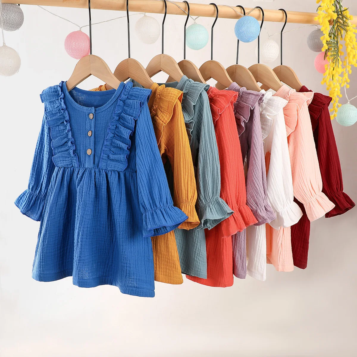 

Seersucker Linen Cotton Kids Baby Girl Dress Long Sleeve Clothes For Autumn Fall M2113