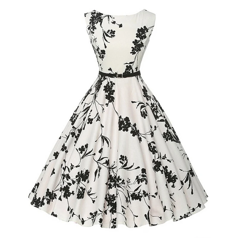 

New Fashion Girls Women's Boatneck Sleeveless Vintage Tea Dress with Belt Casual Party Printing Dress Slim Midi Dress