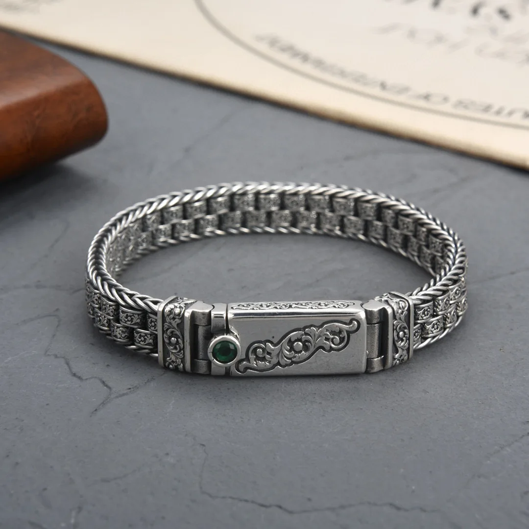 

OEM Custom Old classic Sterling silver S925 bracelet men's Six Character Mantra Rotary Silver Chain jewelry