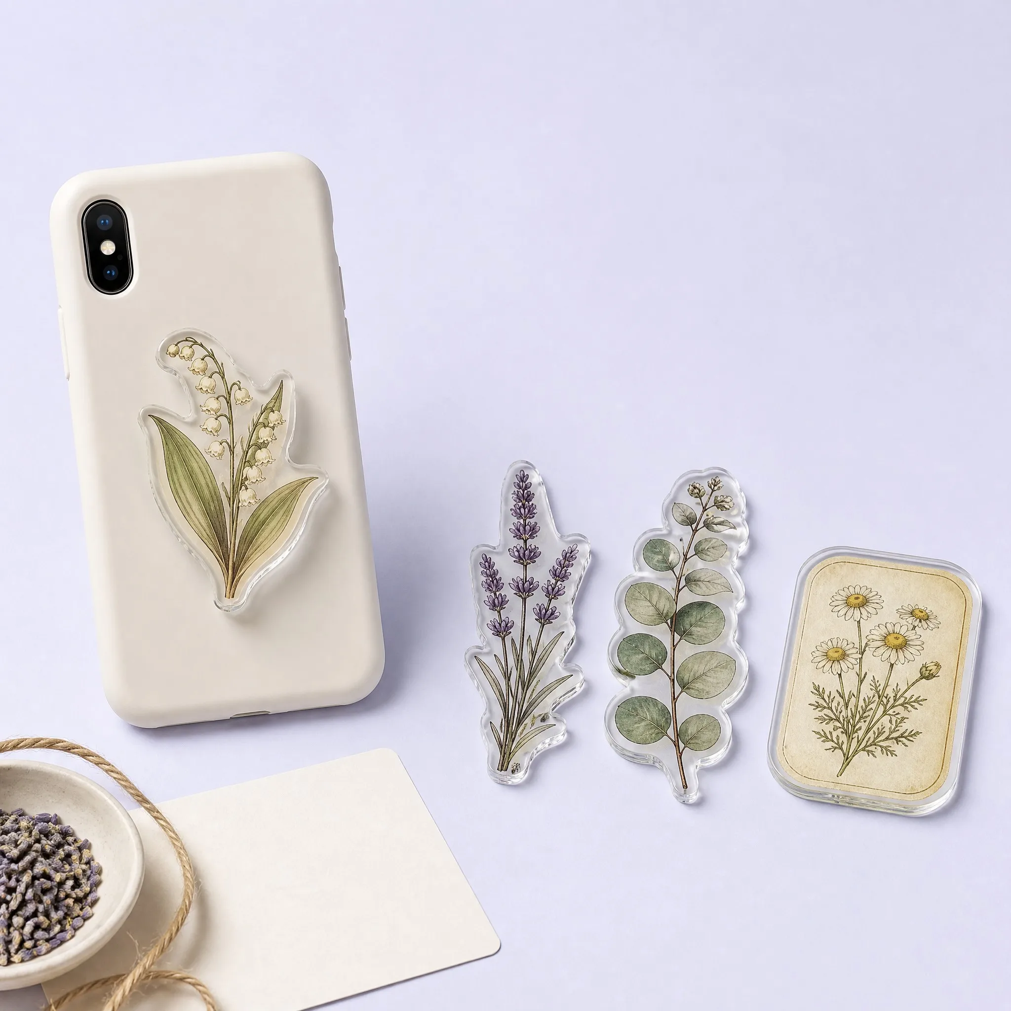 Lily of the Valley Acrylic Phone Grip Attached to Phone Case with Lavender, Eucalyptus, and Chamomile Card