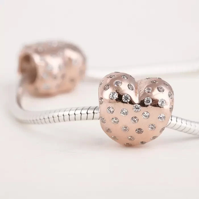

100% 925 Sterling Silver & Rose Gold Plated Sparking Heart Bead Fits European Chamilia Jewelry Charm Bracelets