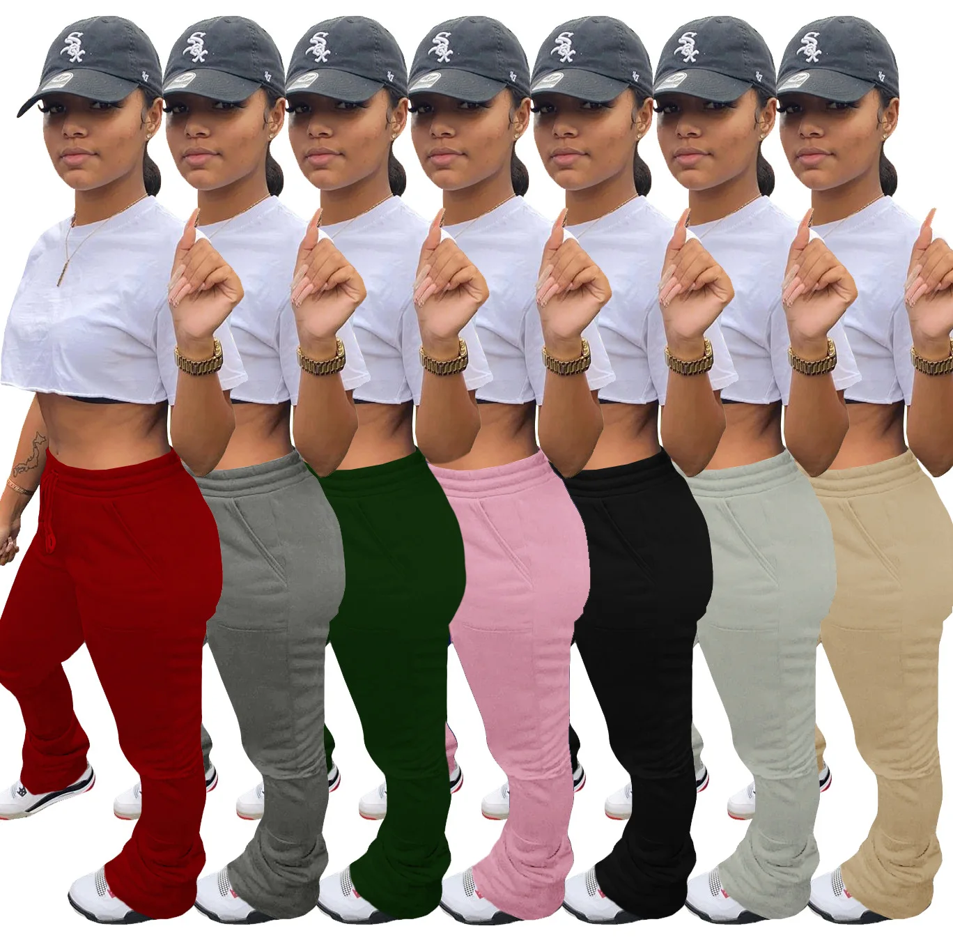 

Tracksuits Stacked Sweatpants For Women Patchwork Fashion Sporting Joggers Skinny Thick with Slit Women Stacked Pants, Green, gray, black, pink. blue, orange, khaki, white, dark gray