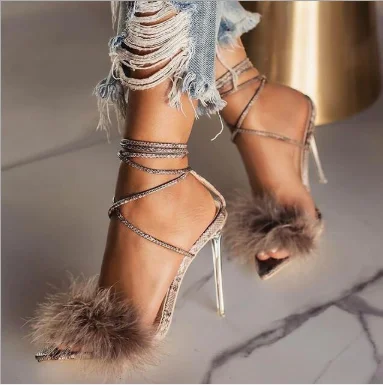 

High Qual Sexy Stilettos Women Thin High Heels Feather Trendy Fur Shoes Peep-Toe Pumps Lace-Up Heels Sandal