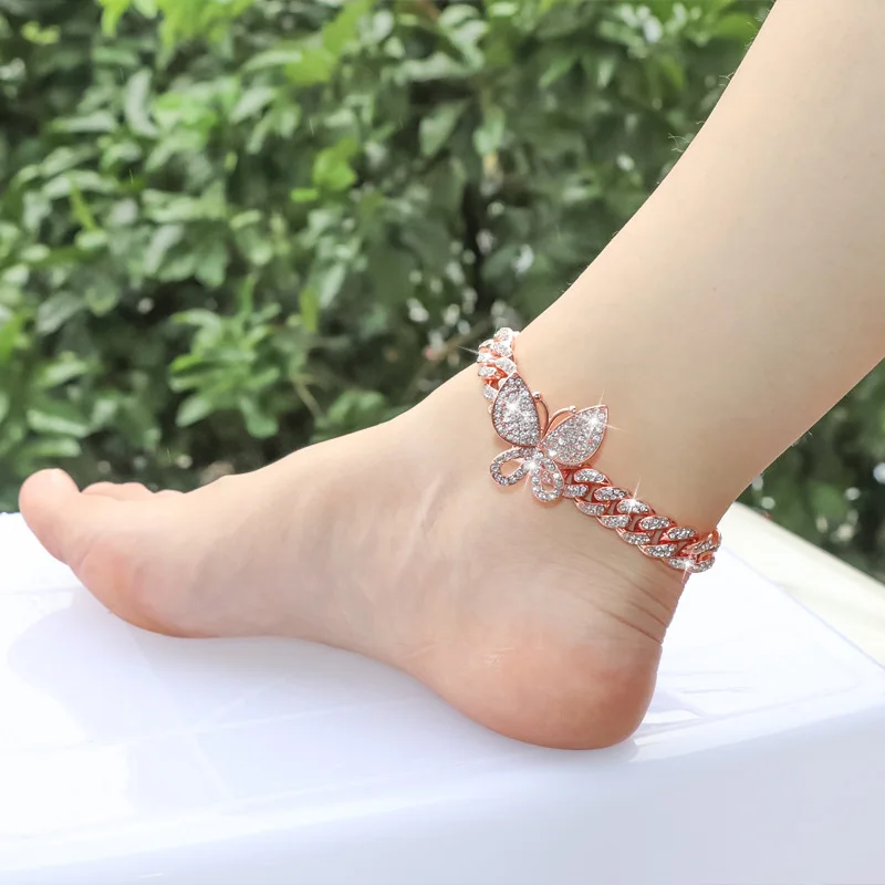 

12mm Crystal Hiphop Butterfly Anklet Wholesale for Women Men Bracelet on the Leg Foot Cuban Link Chain Anklet Chunky Jewelry