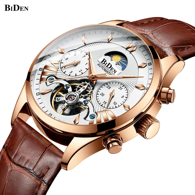 

BIDEN 0189 Automatic Mechanical Movement Watch Luxury Men Watch Automatic Leather Watch Moop Phase