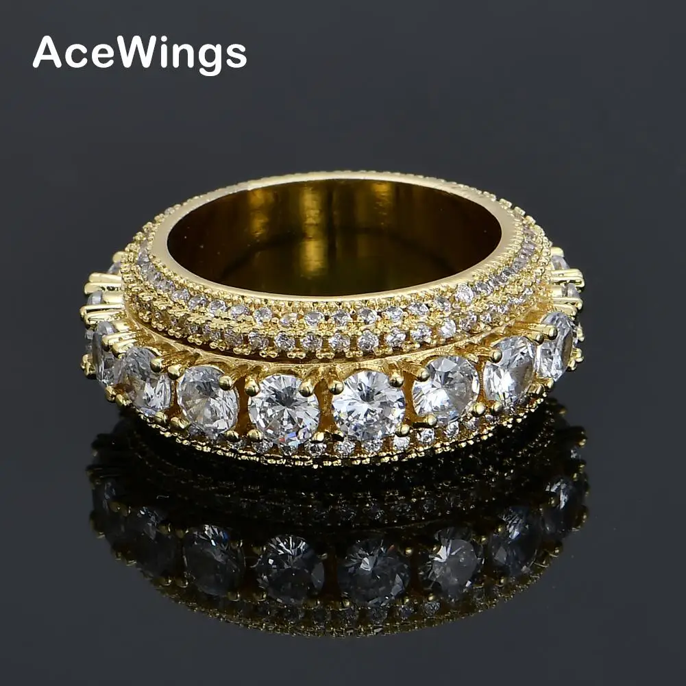 

R013 Rotatable Men Copper CZ Gold Silver Color Cubic Zircon Iced RING Fashion Hip Hop Jewelry