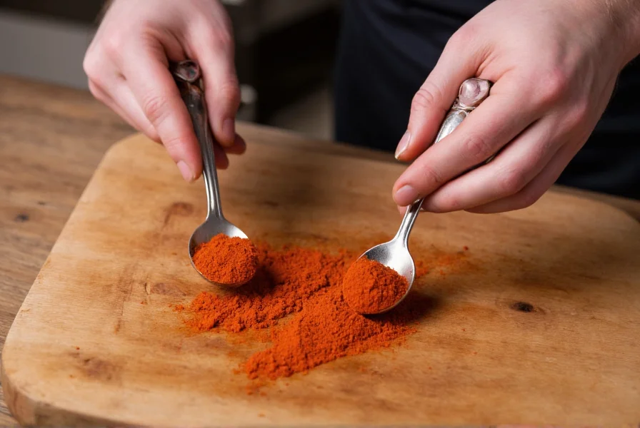 Chef's hand measuring cayenne pepper and chili powder into separate spoons for side-by-side comparison