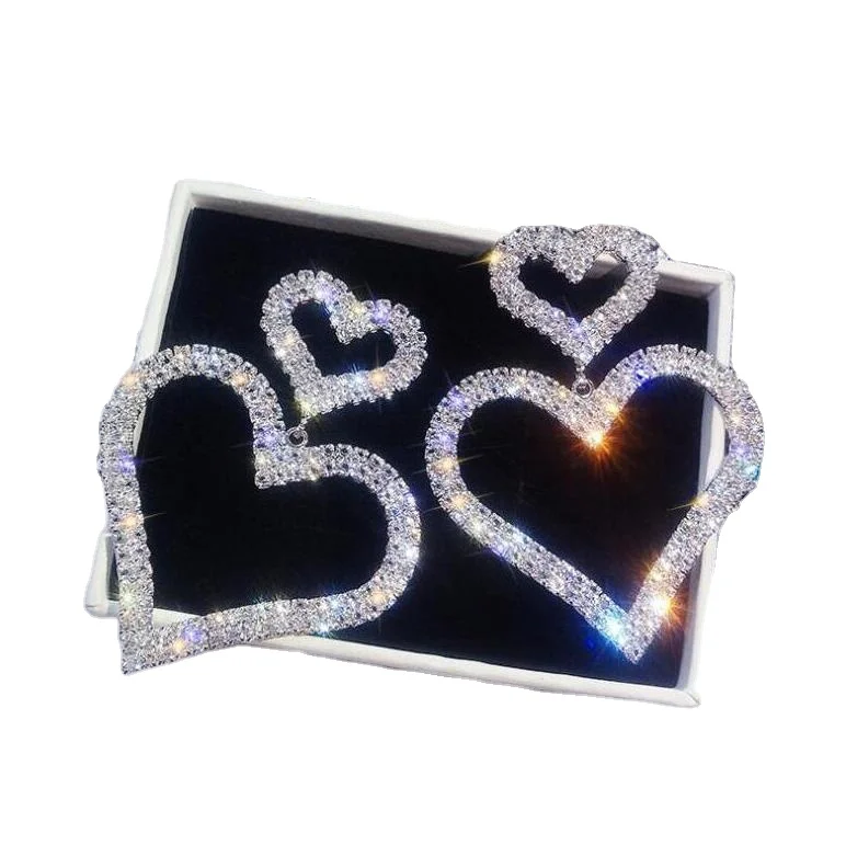 

Charm Hollow Double heart love gold plated diamond pendent earrings for female