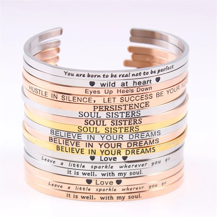 

Stainless Steel  Bangle Custom Logo Engraved Quote Hand Stamped Cuff Bracelets For Men Women Trending Jewelry OEM/ODM, Rose gold/silver/black/gold