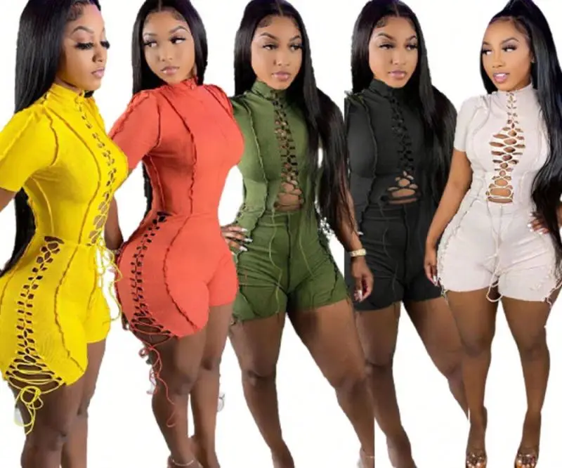 

women bandage drawstring lace up frayed jumpsuit shorts casual strap drawstring bandage romper