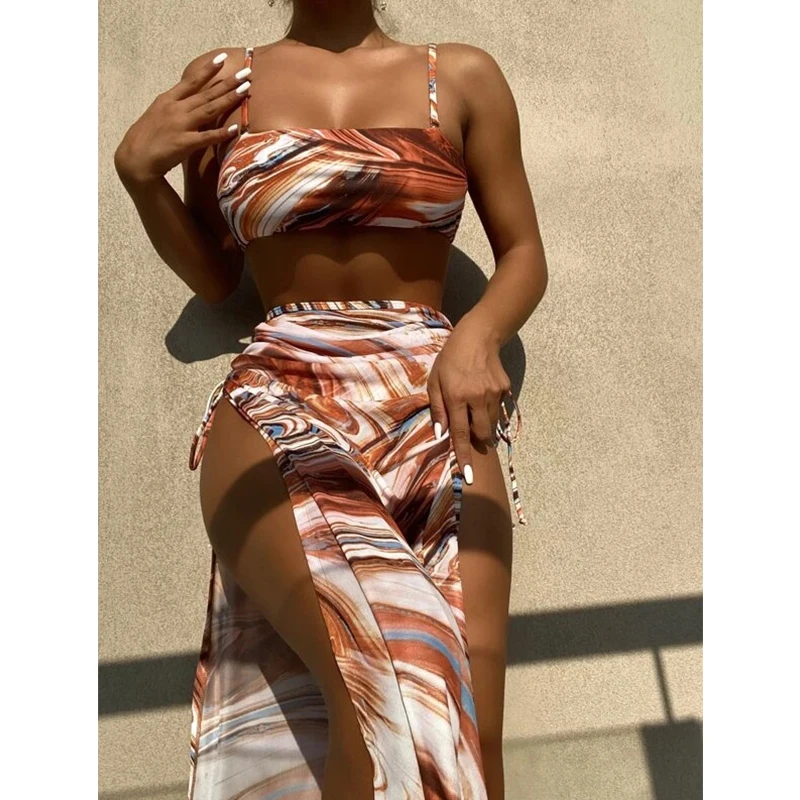 

JSN75004 2022 new trending long skirt mesh three piece swimsuit bikini beach wear swimwear women