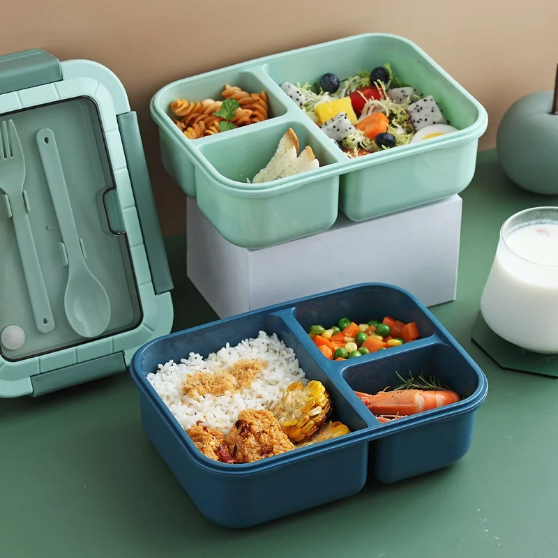 

PP 3 Grids Rectangular Insulated Leakproof Food Storage Container Bamboo Fiber Plastic Kids Bento Box Lunch Box
