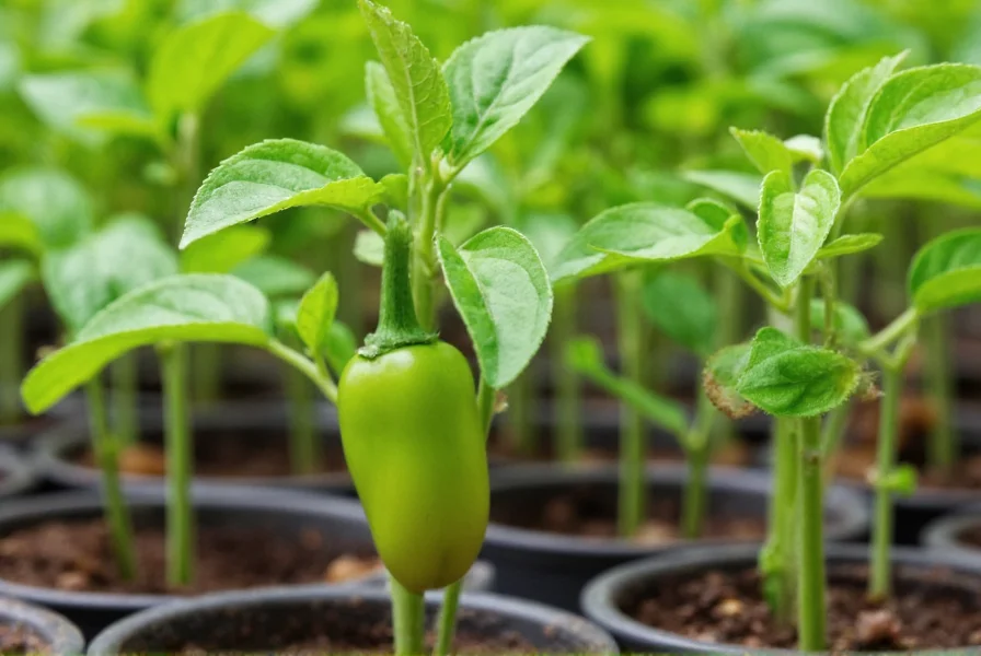 Close-up of jalapeno pepper seedlings growing in small pots with healthy green leaves