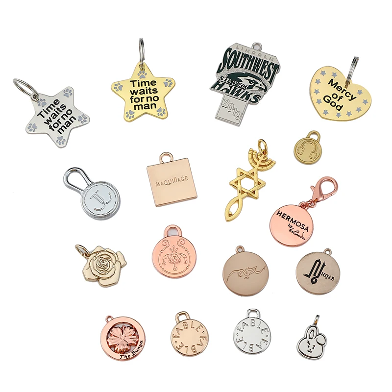 

Wholesale engraved brand logo metal tags scutcheon custom charm pendant for jewelry
