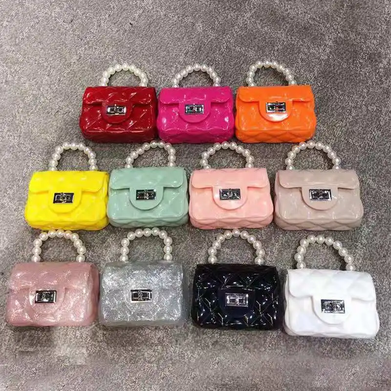 

Kids Purse PVC Jelly girls Pearl Handle Tote Mini Handbags Shoulder Bag 2021