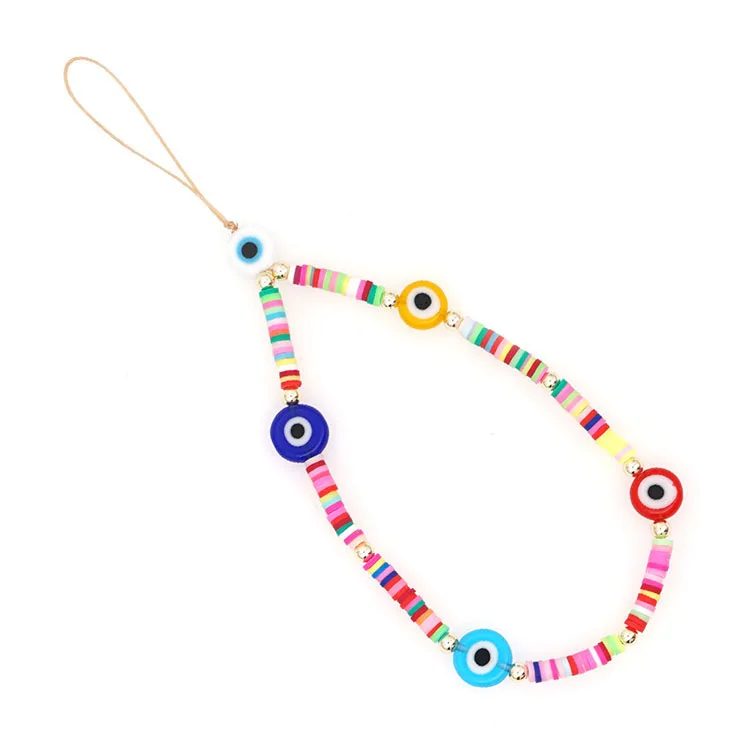 

PC1006 Charm polymer clay disc beads phone chain for women, fashion evil eyes ladies mobile phone chain