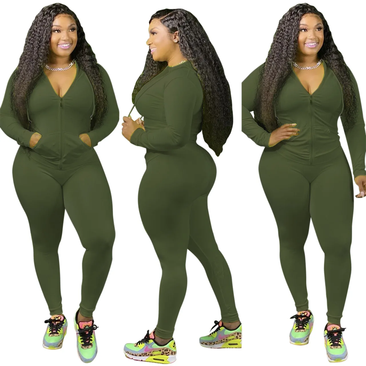 

Shein New Arrivals Long Pants Sets Solid Zipper Explosive Casual Skinny Women Spring Two Piece Set
