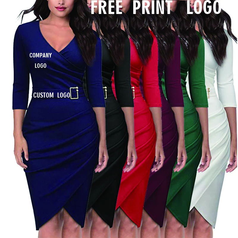 

Free Shipping Fancy Designer V Neck Buckle Belt Solid Clothes Women Ladies Office Wear Dresses for Women