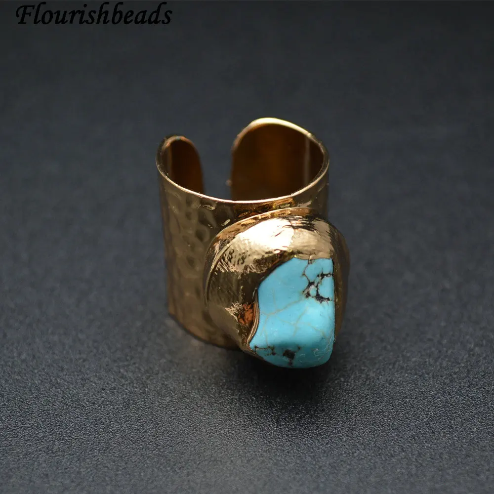 

18k Gold color Plating Blue Howlite Turquoise Wide Band Rings Fashion Woman Man Jewelrys