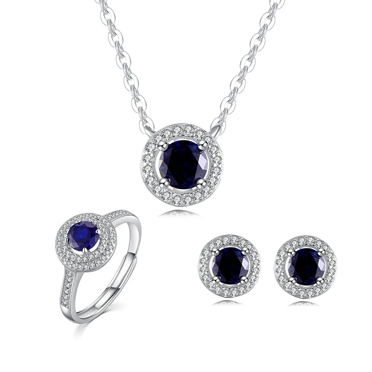 

2021 Fashion Design Blue Diamond Ring Necklace Earrings 3 Piece Set Woman 925 Sterling Silver Wedding Jewelry Sets