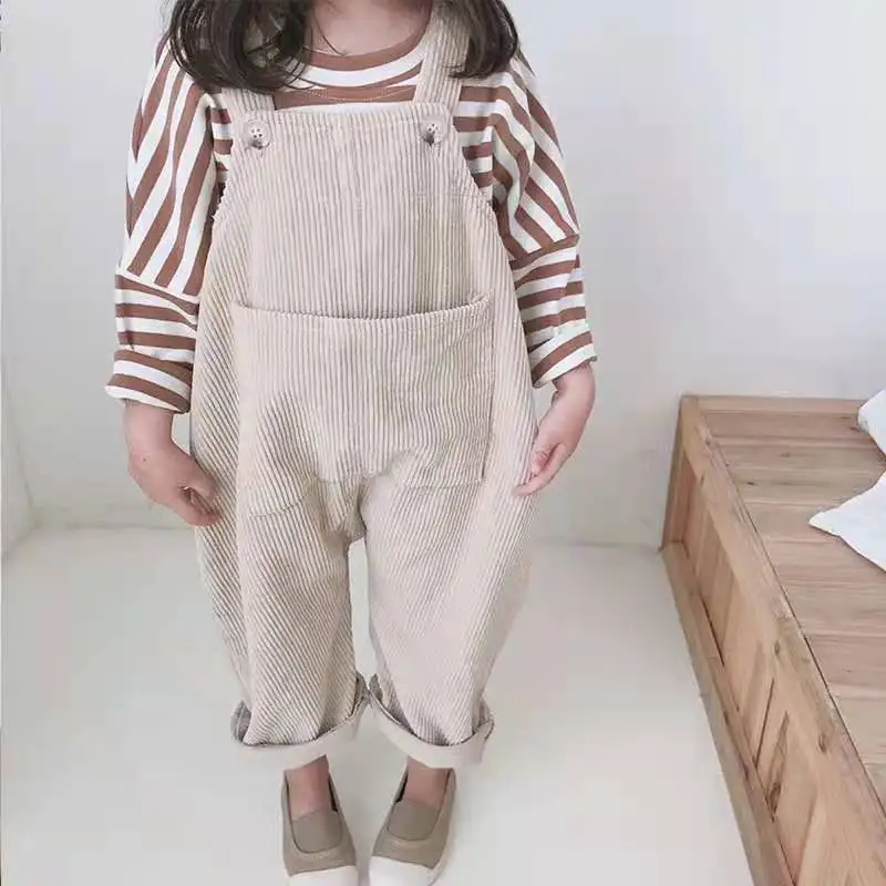 

Spring autumn kids girls one piece jumpsuit solid color little girls corduroy overalls, As pic