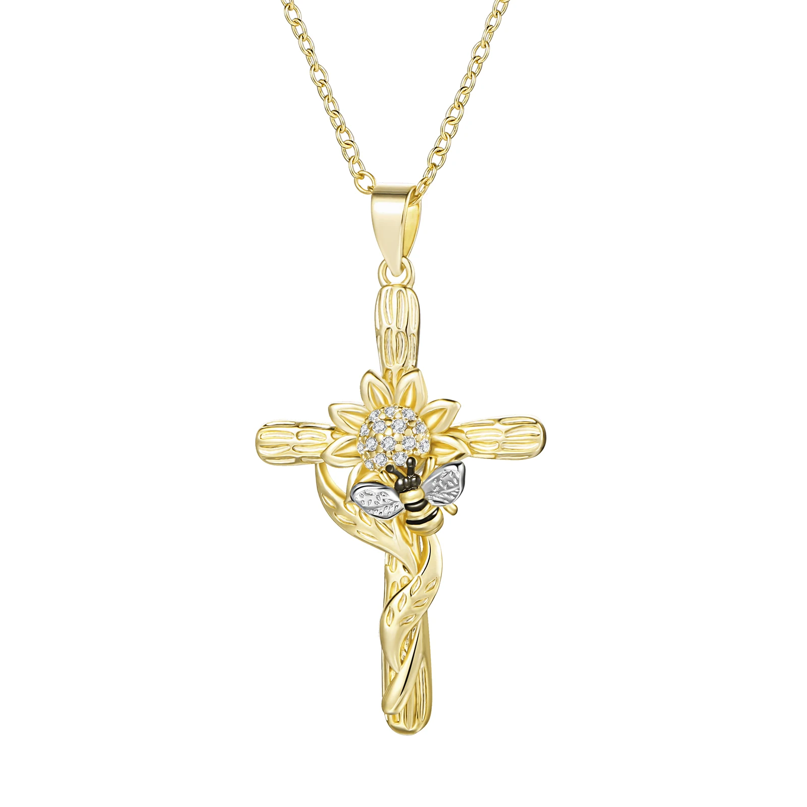 

White Gold Plated Bee Cross Pendant Necklace Flower Jewelry Gifts