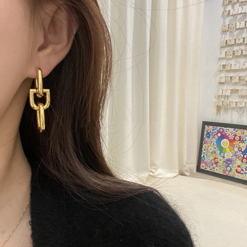 

Custom Design Fashion Women Jewelry Brass 18K Gold Plated 3 Hoops Earring Link Chain Long Drop Earrings