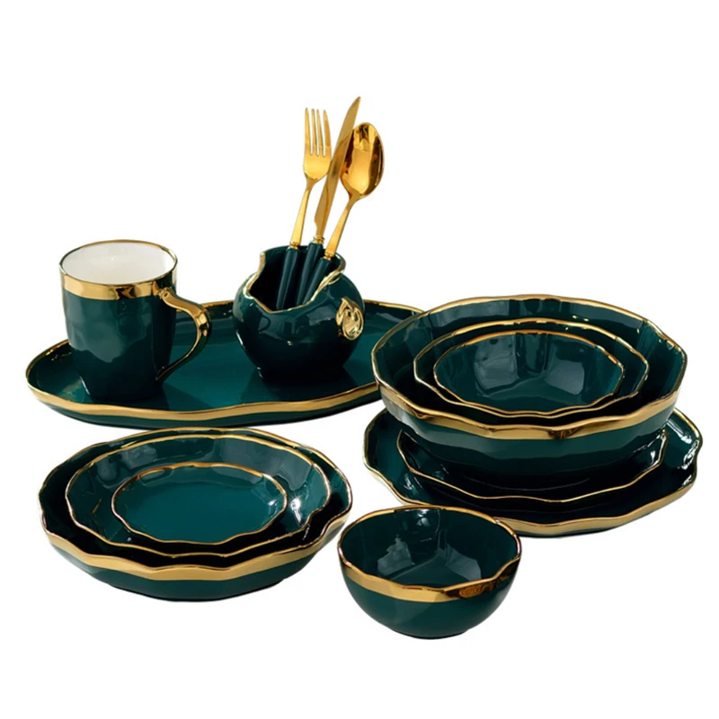 

Wholesale Luxury Emerald Restaurant CeramicTableware With Gold Rim
