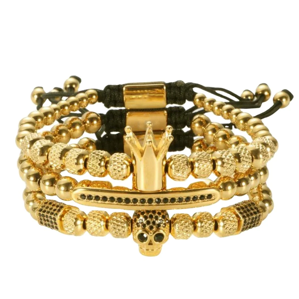 

Wholesale 4pcs/set Stainless steel bracelet copper beads elbow cz drill ball crown woven adjustable bracelet men skull bracelet