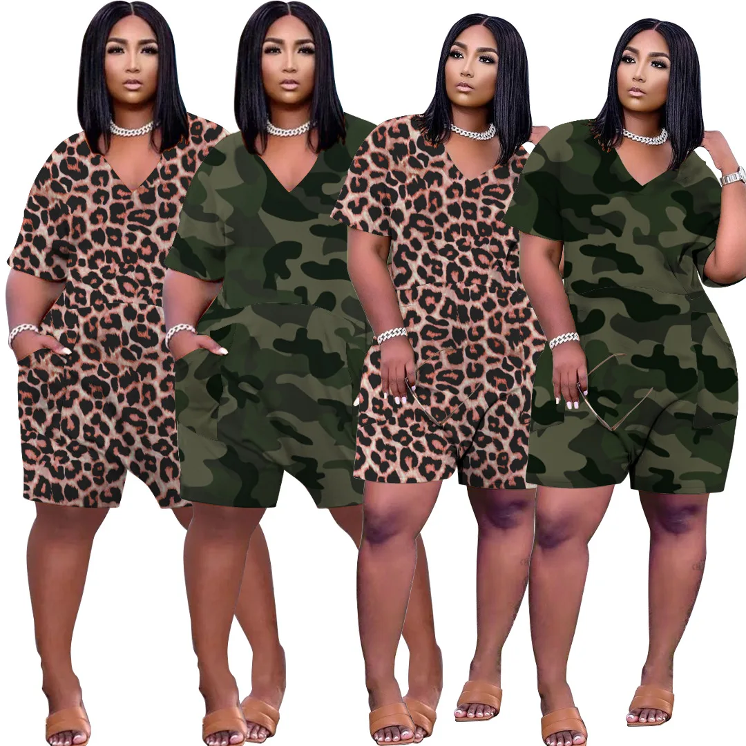 

BR1018 Plus Size Leopard Printing V-neck ladies jumpsuit rompers women clothing sleeveless short