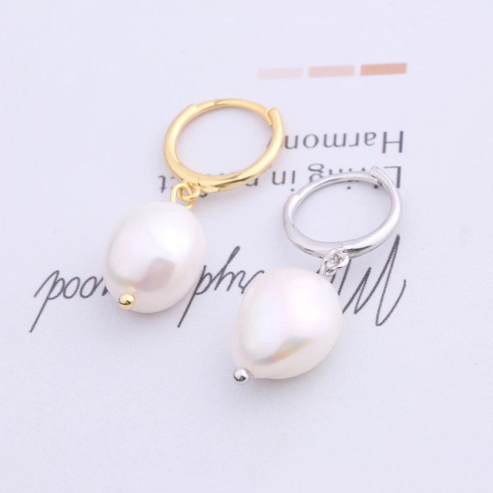 

925 Silver Irregular White Large Baroque Pearl Drop Gold Endless Hoop Earrings