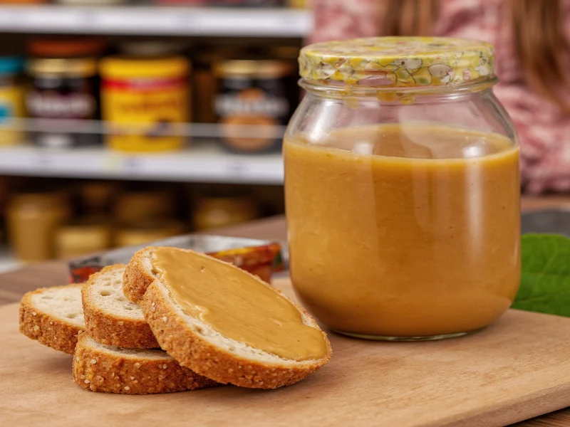 Homemade peanut butter jar next to store brands with taste test notes