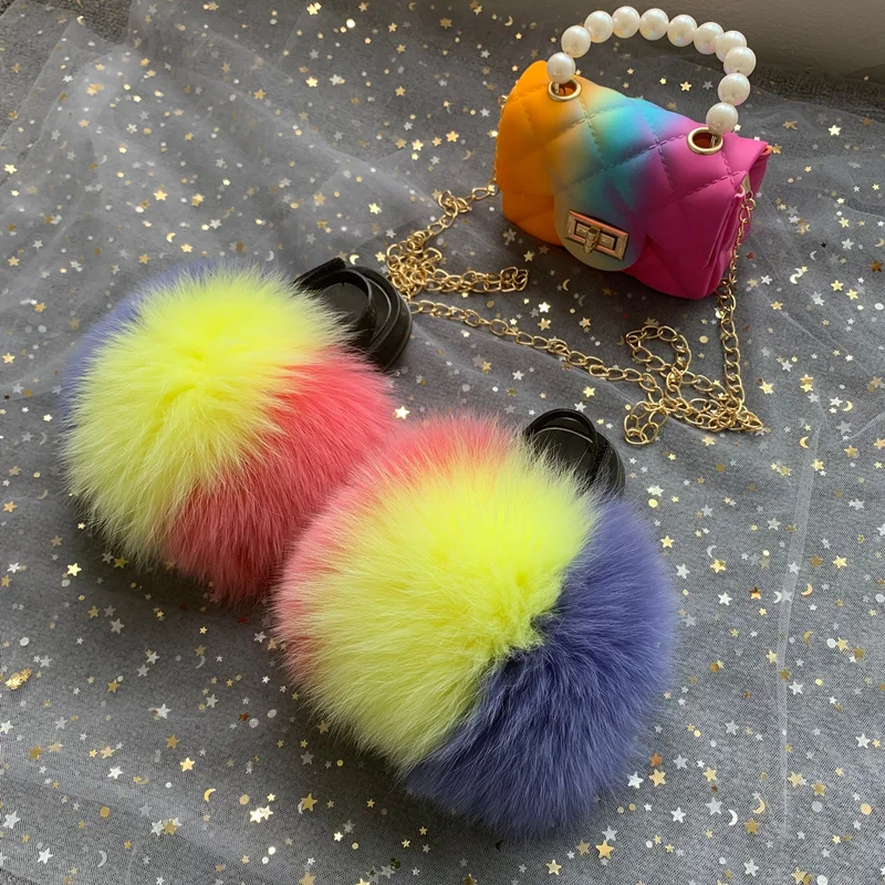 

Wholesale Mixed Colors Fashionable Real Fox Fur Slippers Baby jelly bag set Raccoon Fur Cute kid fur slides, Light brown, dark brown, white pink purple