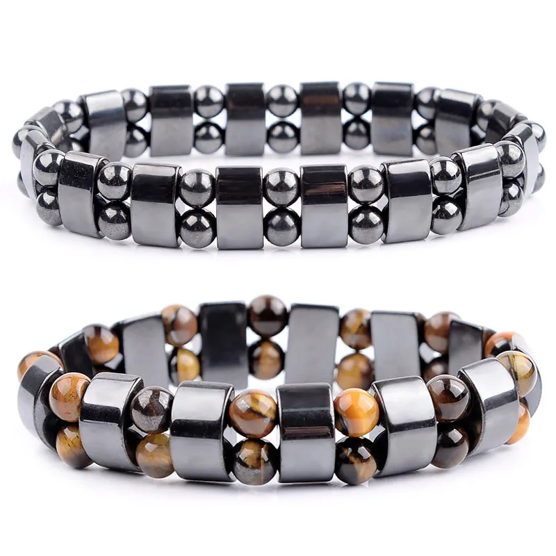 

New Design Hematite Black Obsidian Tiger Eye Stone Bracelet Double Layer Magnetic Black Gallstone Elastic Yoga Lave Bracelets