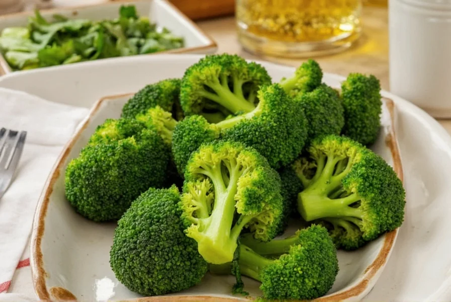 Fresh broccoli florets marinating in a glass bowl with olive oil and herbs